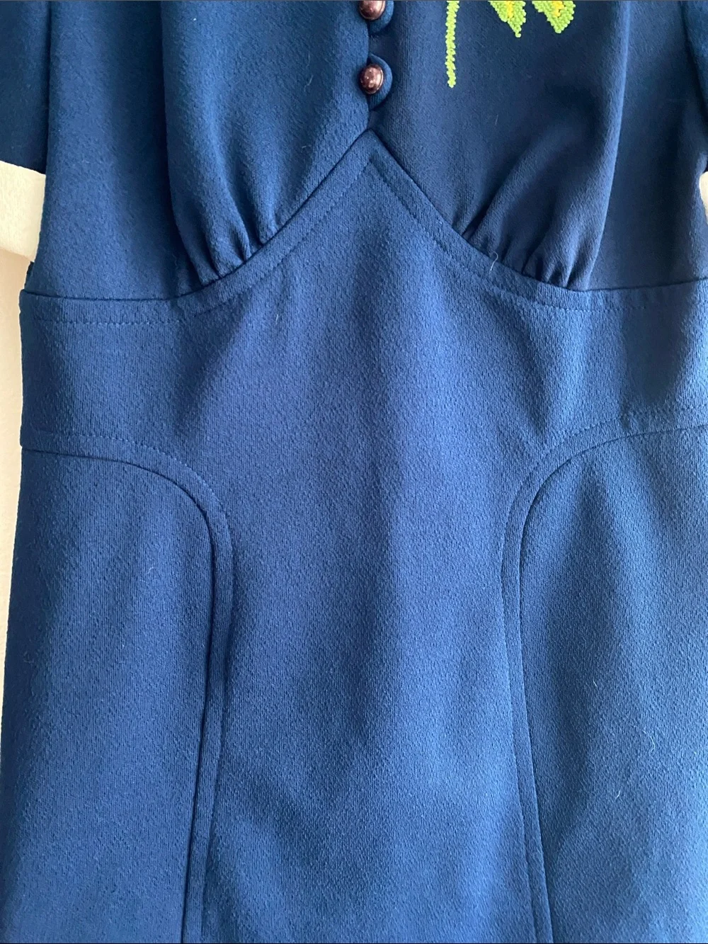 Rare Vintage 1970s Union Made Embroidered  Navy Blue Collared Cuffed Dress - Picture 6 of 10